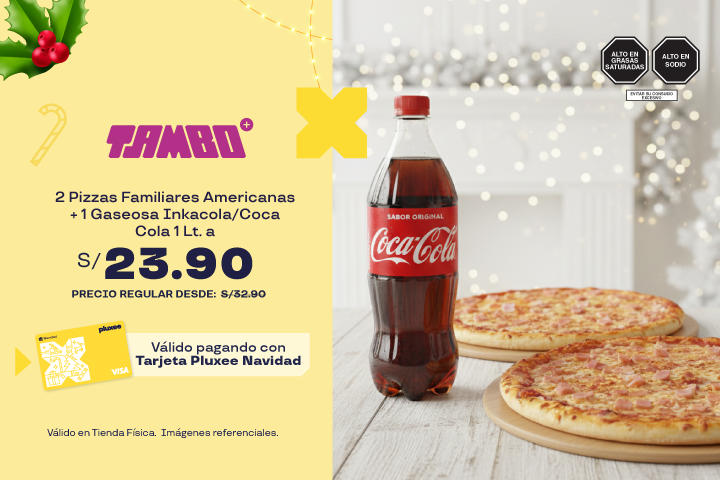 2 PIZZAS FAMILIARES AMERICANAS + 1 GASEOSA INKACOLA/COCA COLA 1 LT. A S/23.90. PRECIO REGULAR: S/32.90.